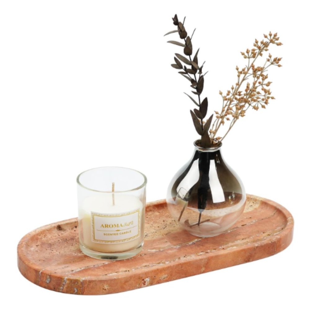12"  Turkish Red Travertine Tray - Luxury Vanity Decorative Tray for Countertop